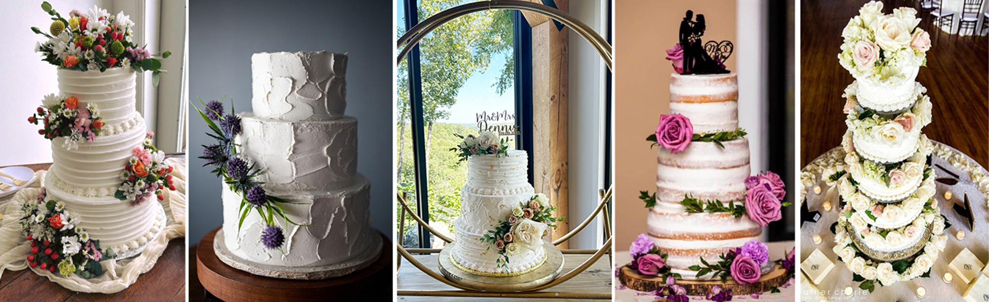 A row of five one-of-a-kind wedding cakes by Celebrations by Sonja